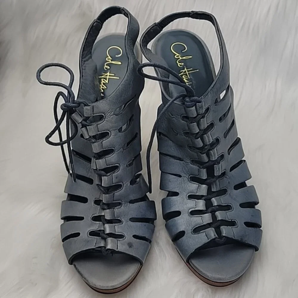 COLE HAAN Gray Blue Lace Up Cut Out Peep Toe Sling Back Wedge Sandal Heels 8 NeW